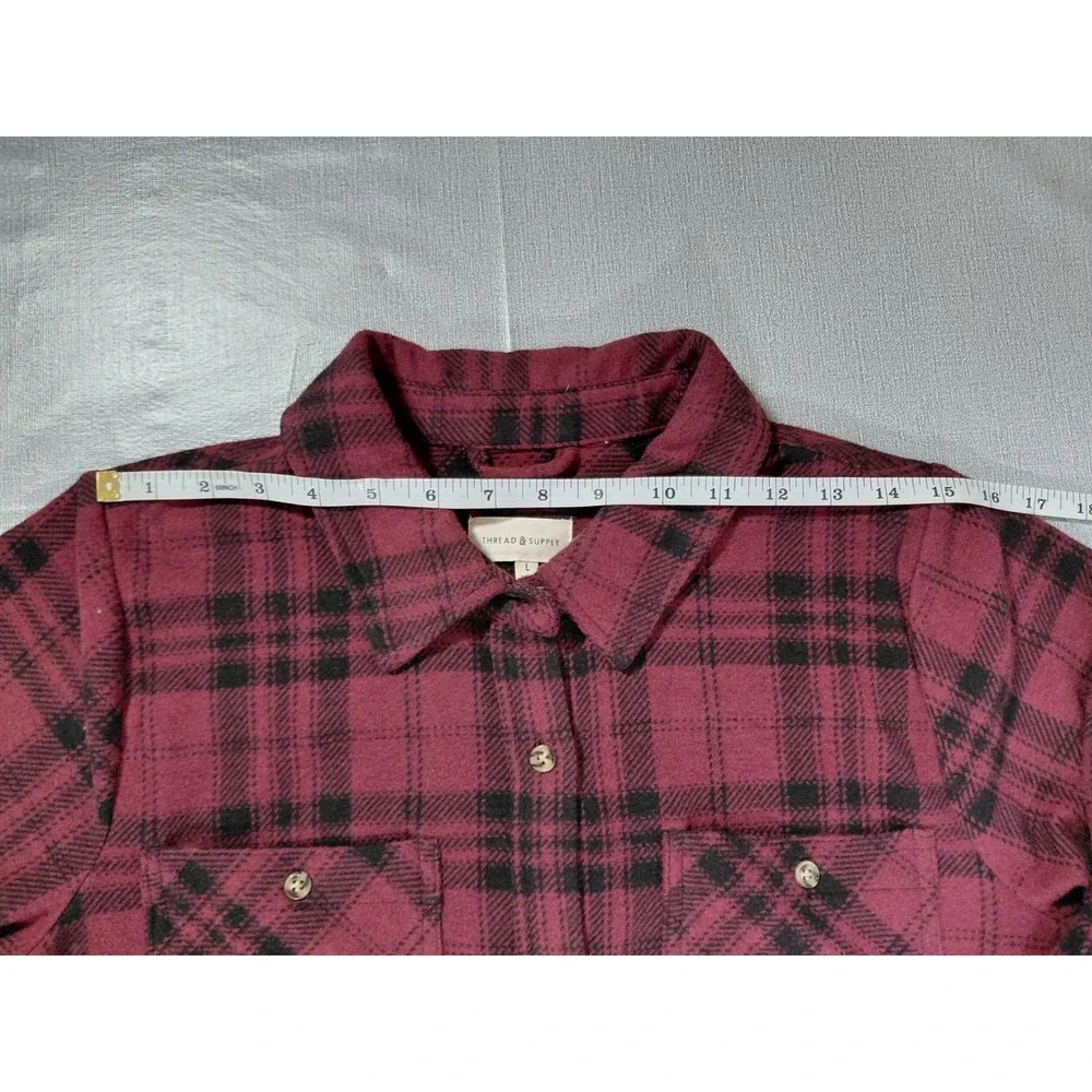 Thread & Supply Fleece Button Down Shirt Dress LG Long Coat Burgundy Plaid
